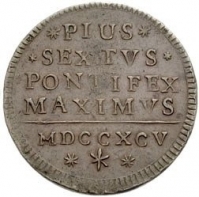 Papežská mince Pia VI. z 18. století s titulem "Pius VI Pontifex Maximus."